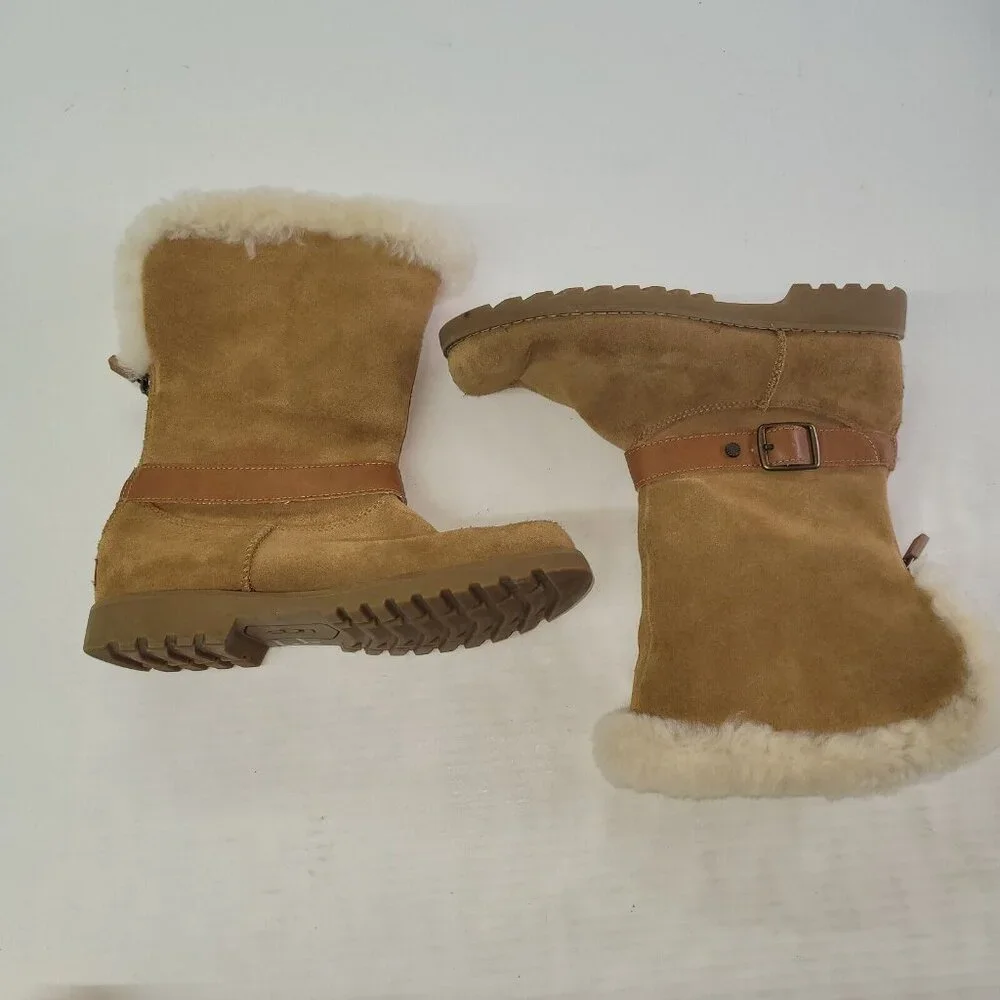 Ugg Nessa Bootie Girls 4 Chestnut Wool Trim Suede Leather Buckle Accent Lug Sole